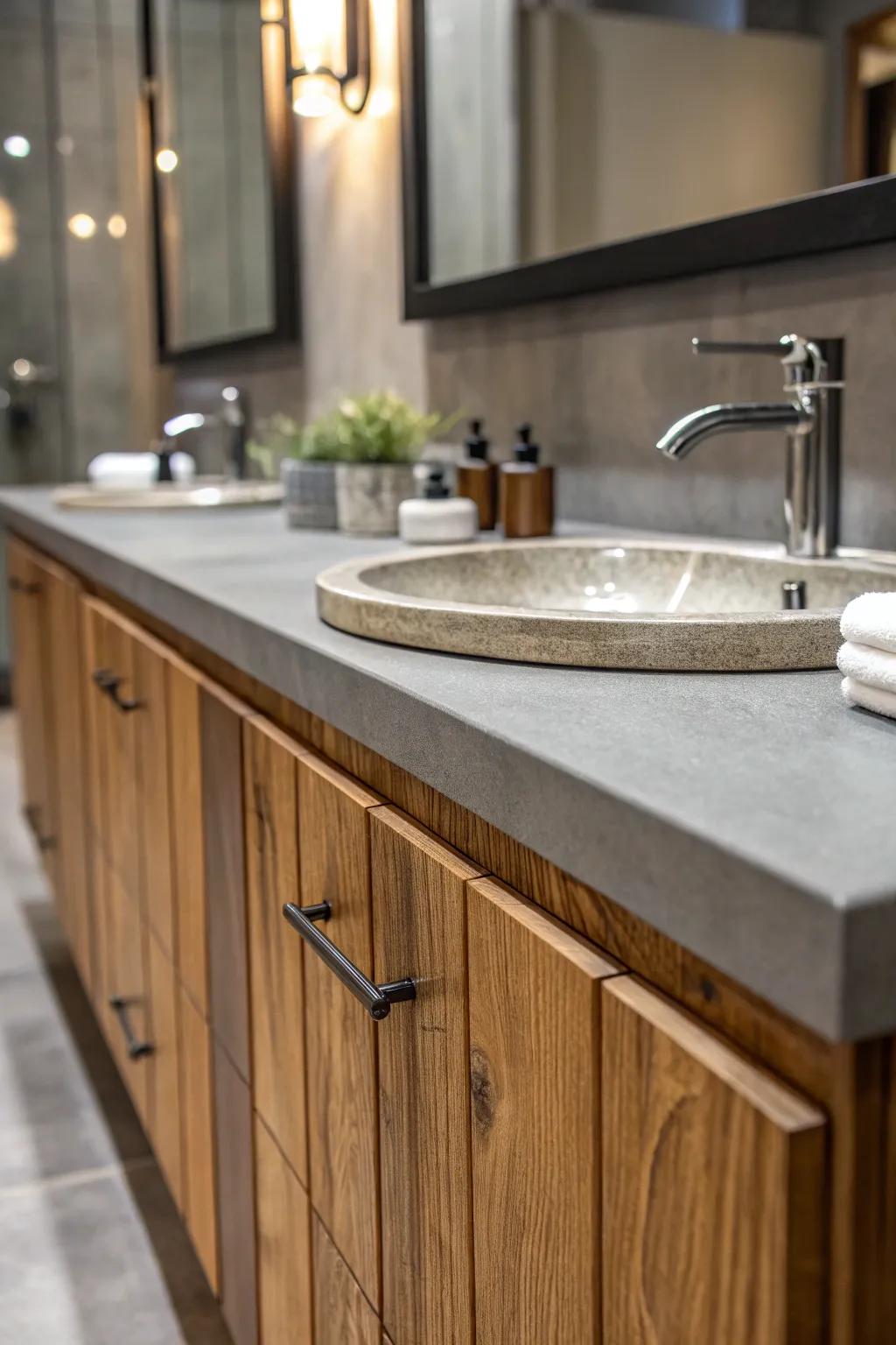 A blend of surfaces enhances the minimalist bathroom aesthetic.