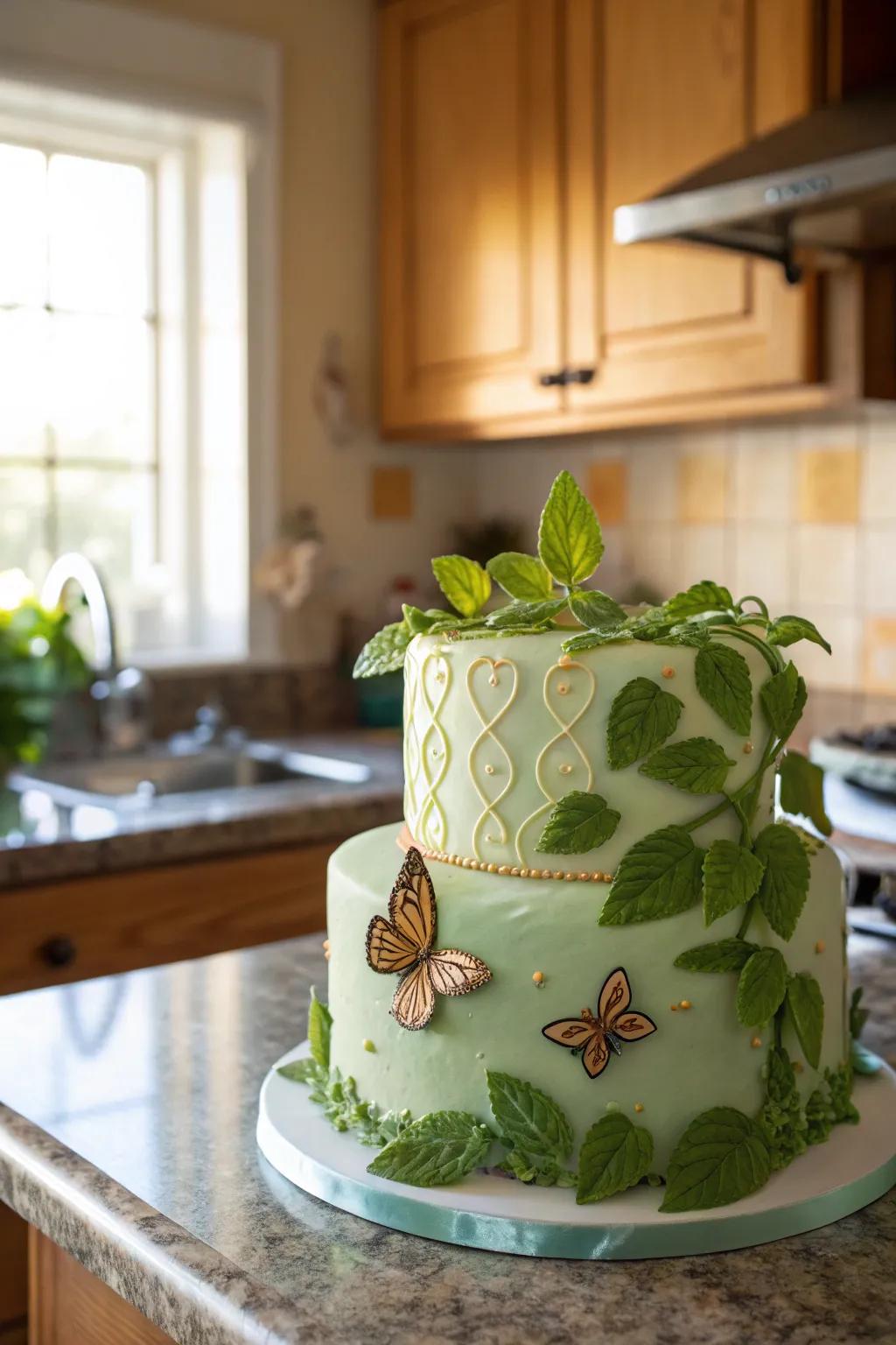 A mint green cake enriched with organic elements, lending a whimsical allure.