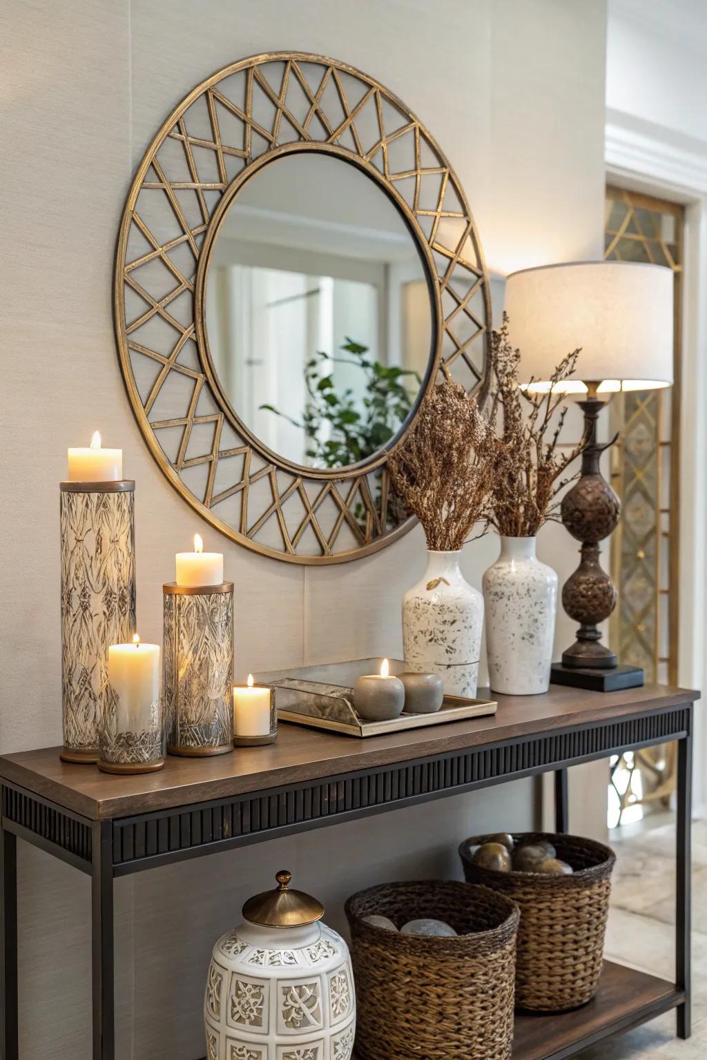 Glasses above consoles accentuate the decor and introduce charm.