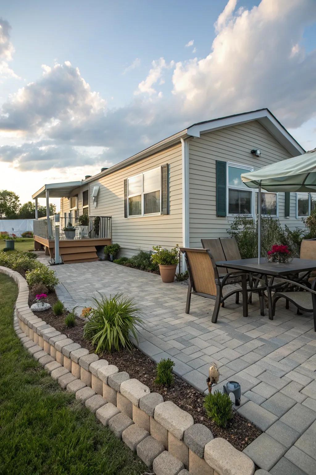 An inviting stone patio ideal for outdoor unwinding and social events.