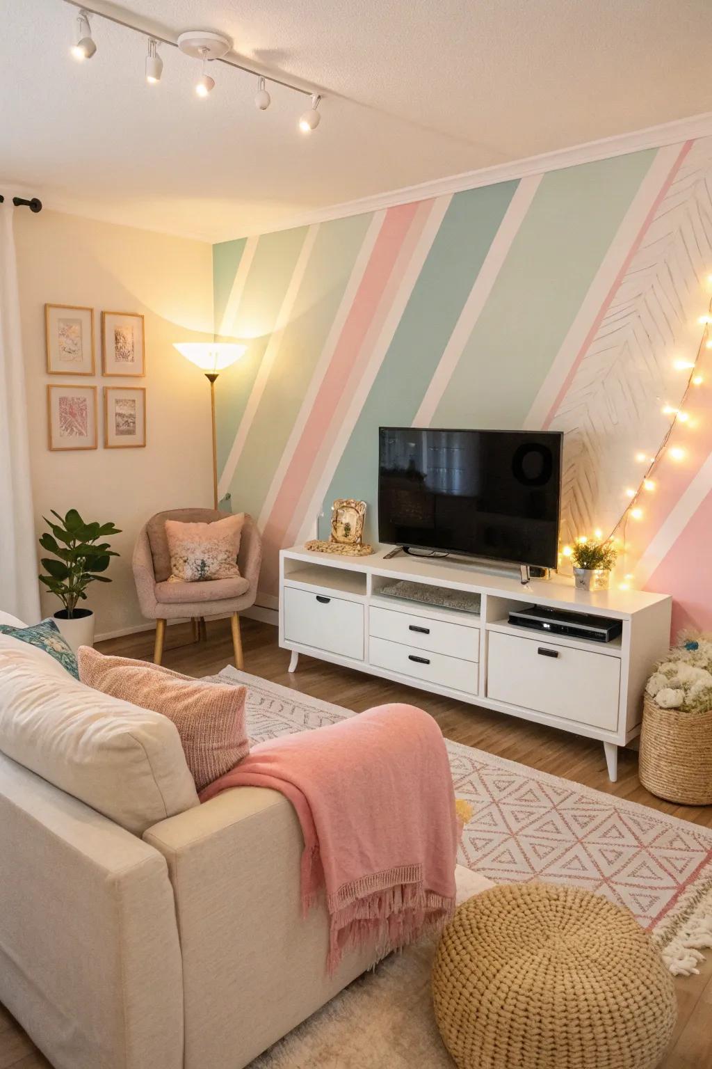 Pastel shades create a soothing backdrop for the TV.