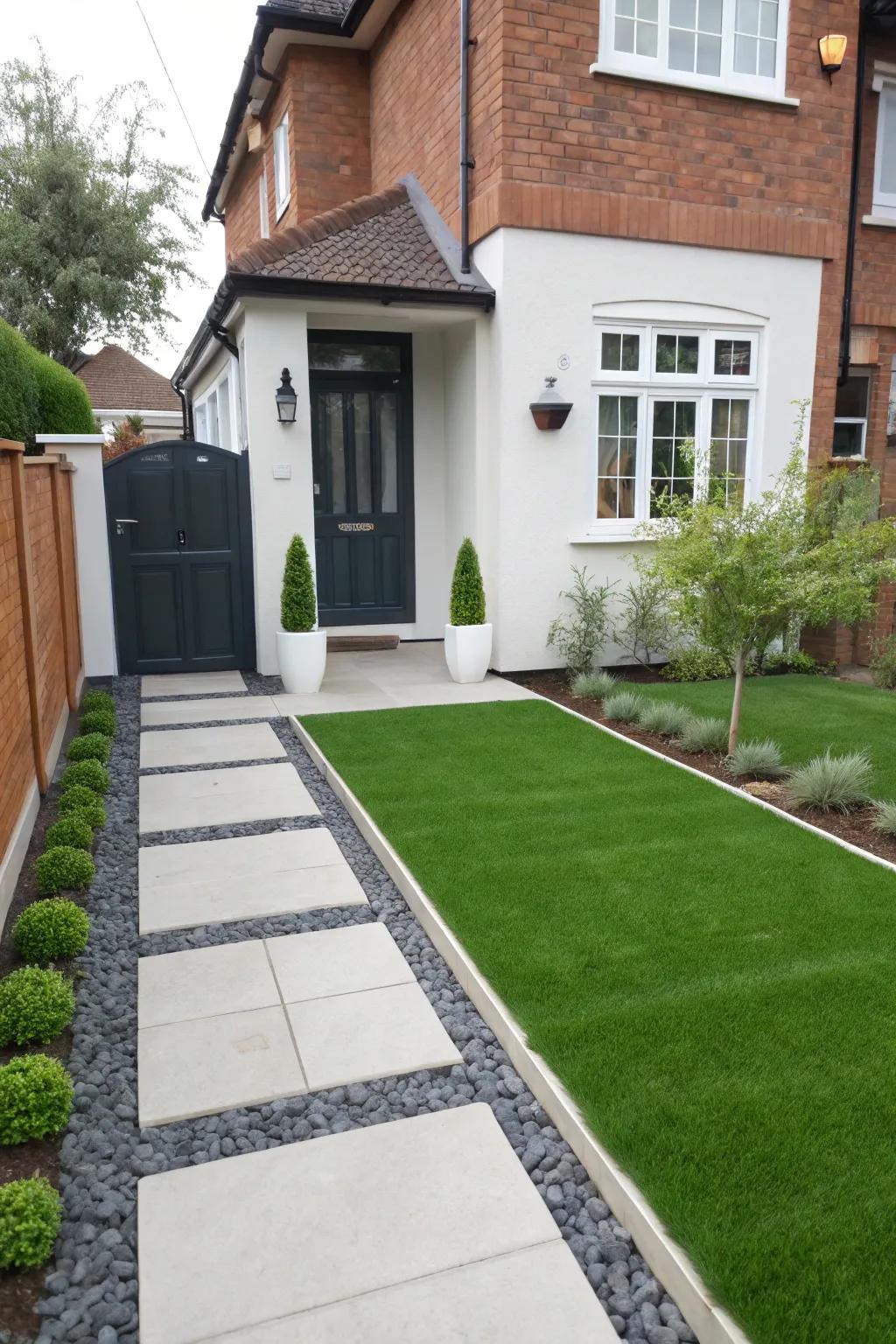A sleek, minimalist front yard featuring artificial grass.