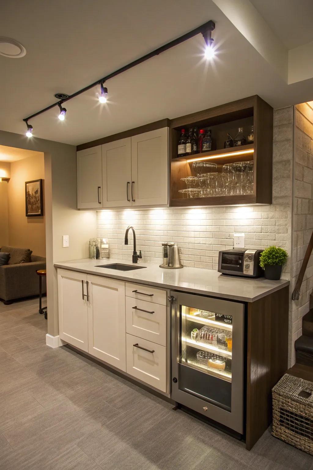 Lower-cabinet lighting in the kitchenette enriches both elegance and practicality.