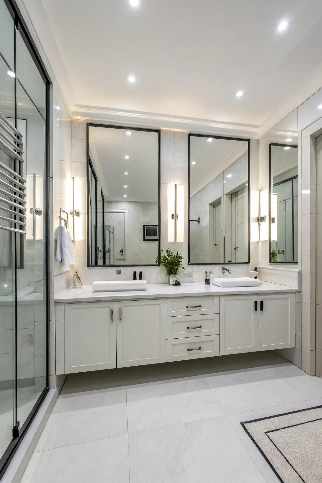 Reflective storage units provide both stowing and style in contemporary restrooms.