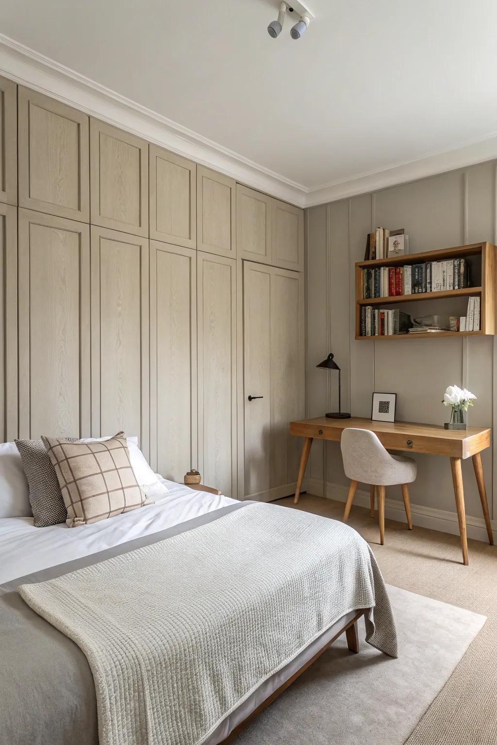 Understated paneling with sharp lines encourages a serene atmosphere.