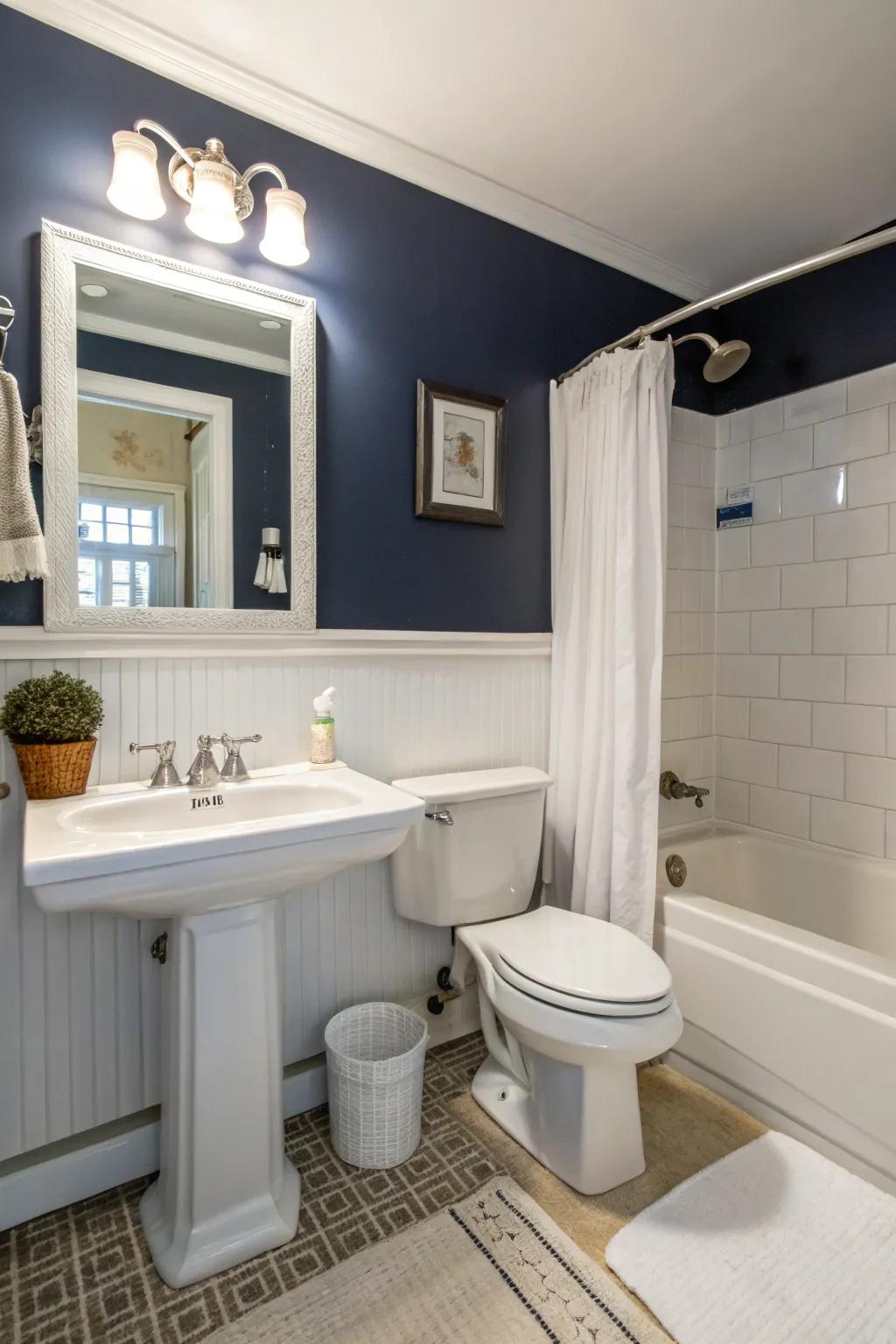 Marine walls fashion a dramatic and sumptuous atmosphere in this contemporary bathroom.