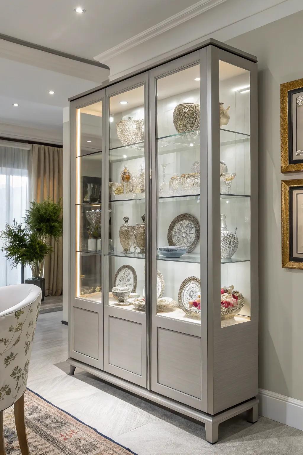 Illuminated china cabinet with LED lights.