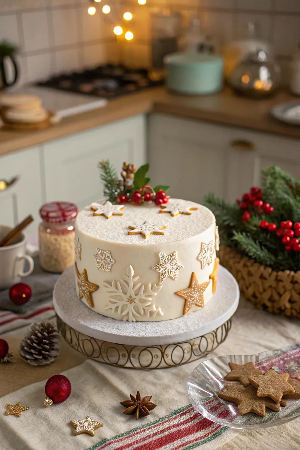 A yuletide cake featuring layered sugarpaste designs