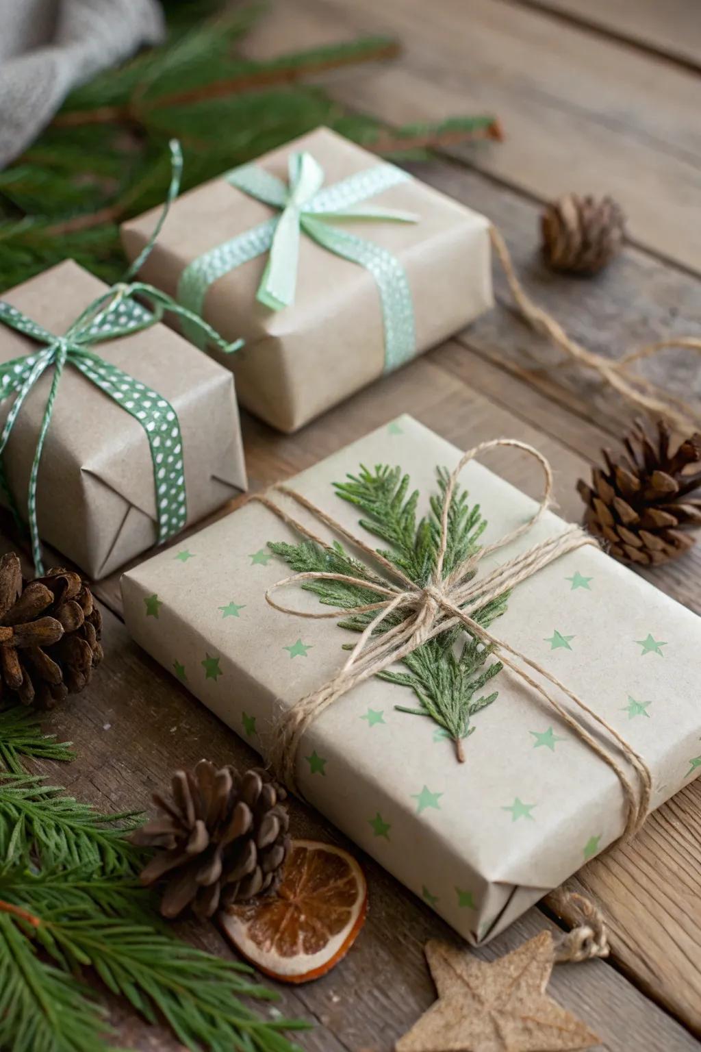 Presents wrapped in earthy shades, creating a tranquil and natural festive aesthetic.