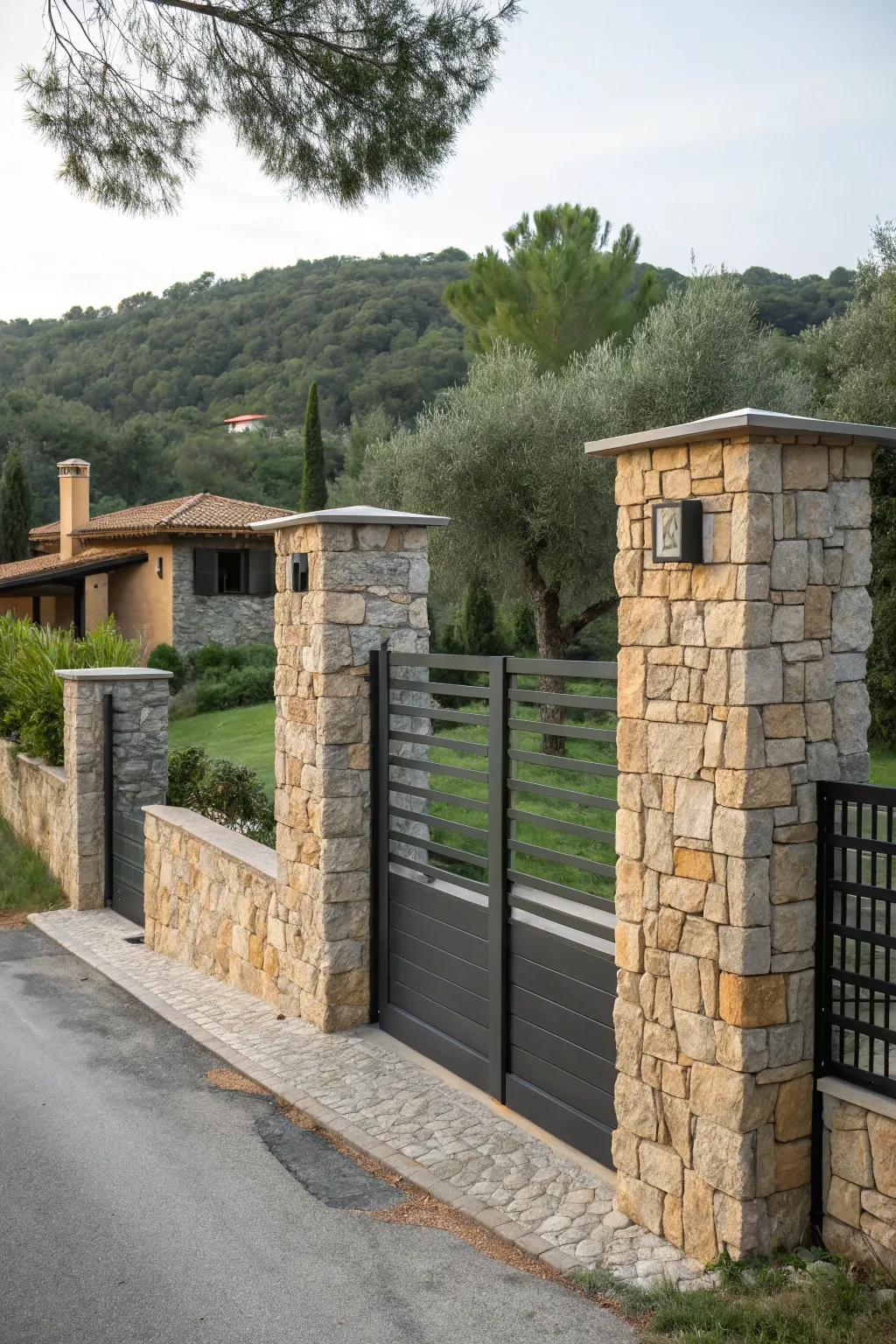 Rustic stone combined with modern design creates a unique entrance.