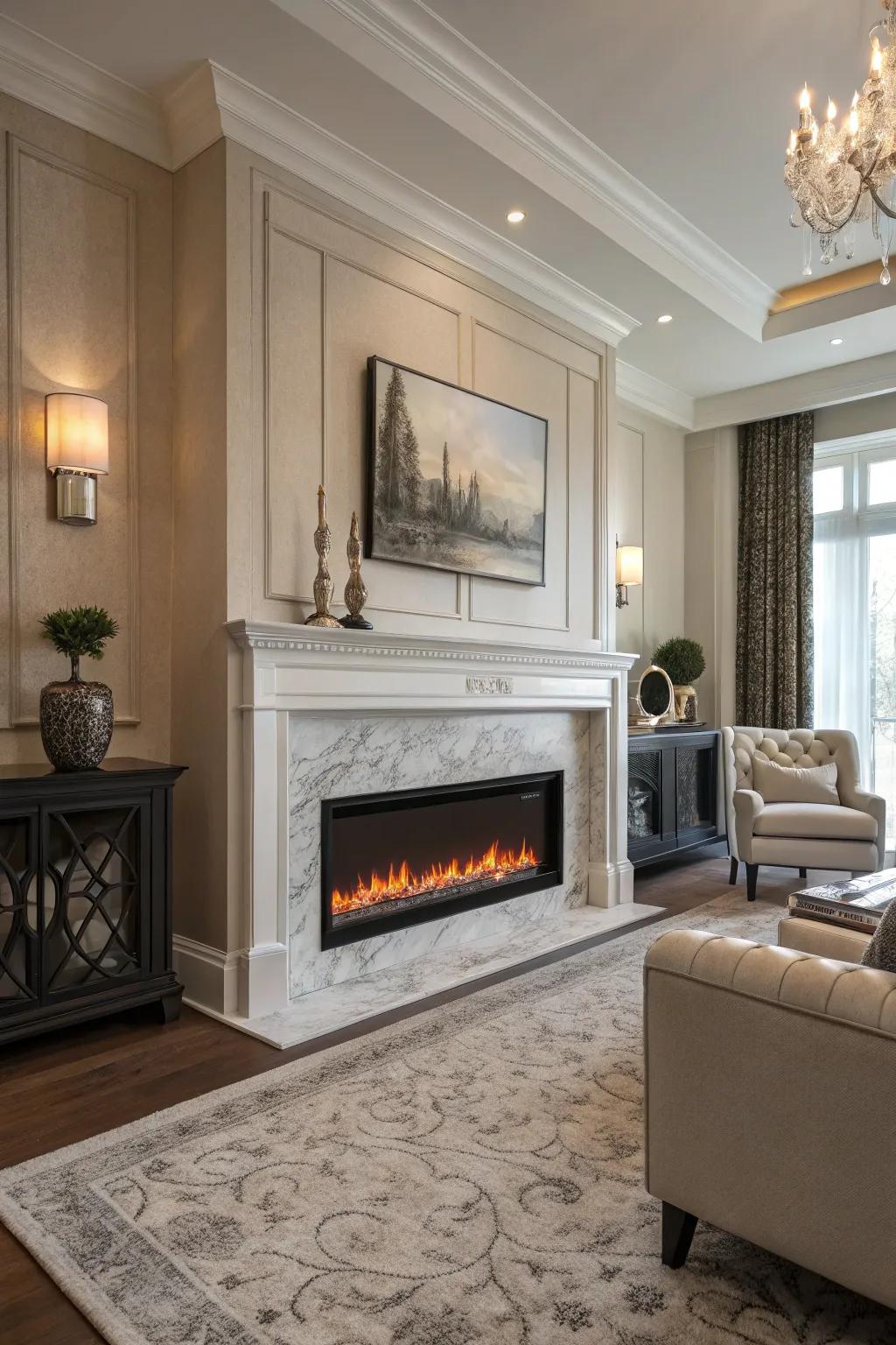 A built-in electric fireplace integrates smoothly into a sophisticated living room.
