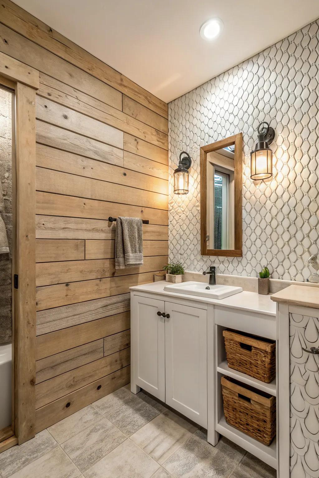 Textured surfaces provide depth and interest to this farmhouse-inspired bathroom.