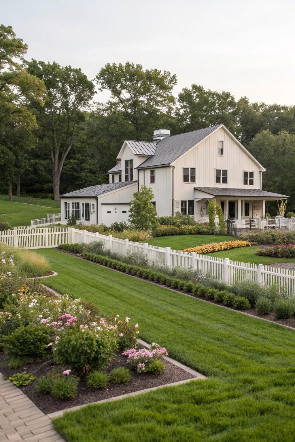 Inherent allure: Planned landscaping that improves the curb appeal of a modern farmhouse.