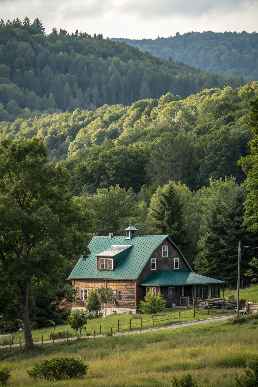 Organic harmony: A verdant shield roof harmonizes with the lush scenery.
