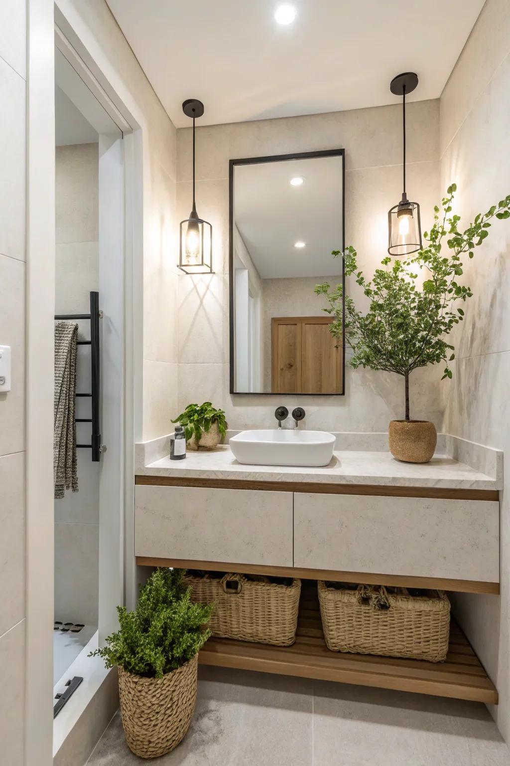 Minimalist decor with small plant accents in a powder room.