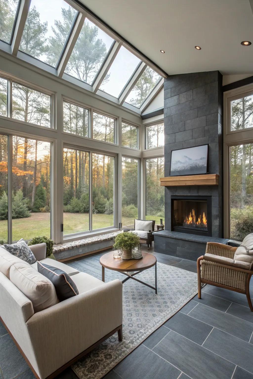 An elegant fireplace enriches this sunroom with warmth and ambiance.