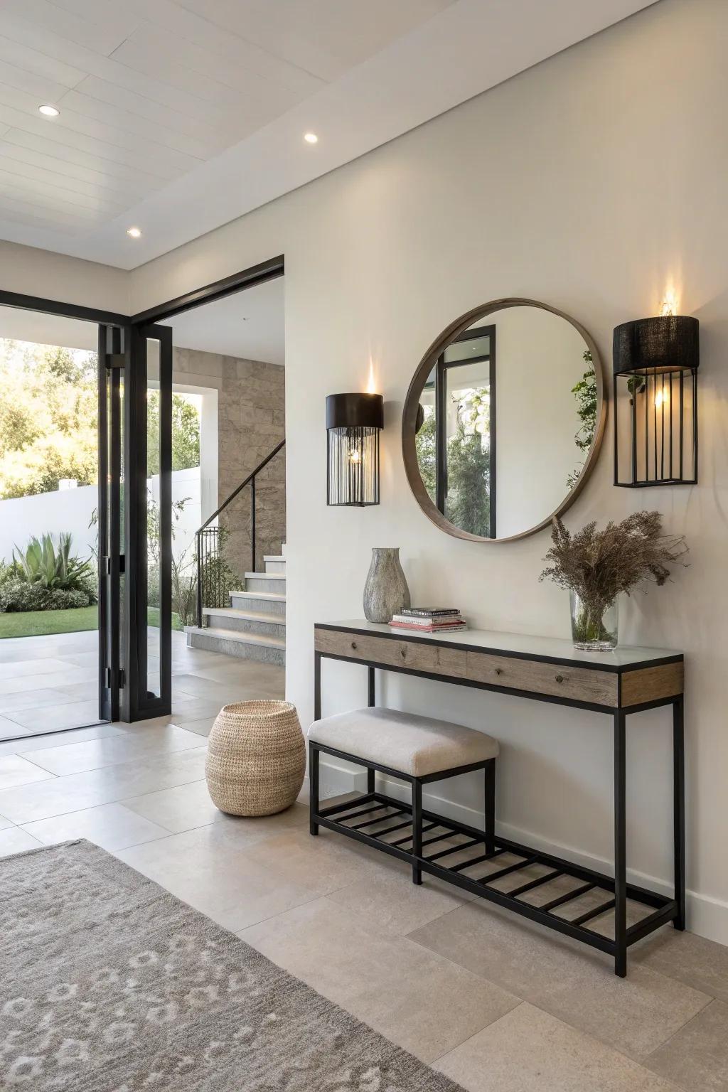 Minimalist furnishings sustain a sleek and uncluttered entryway design.