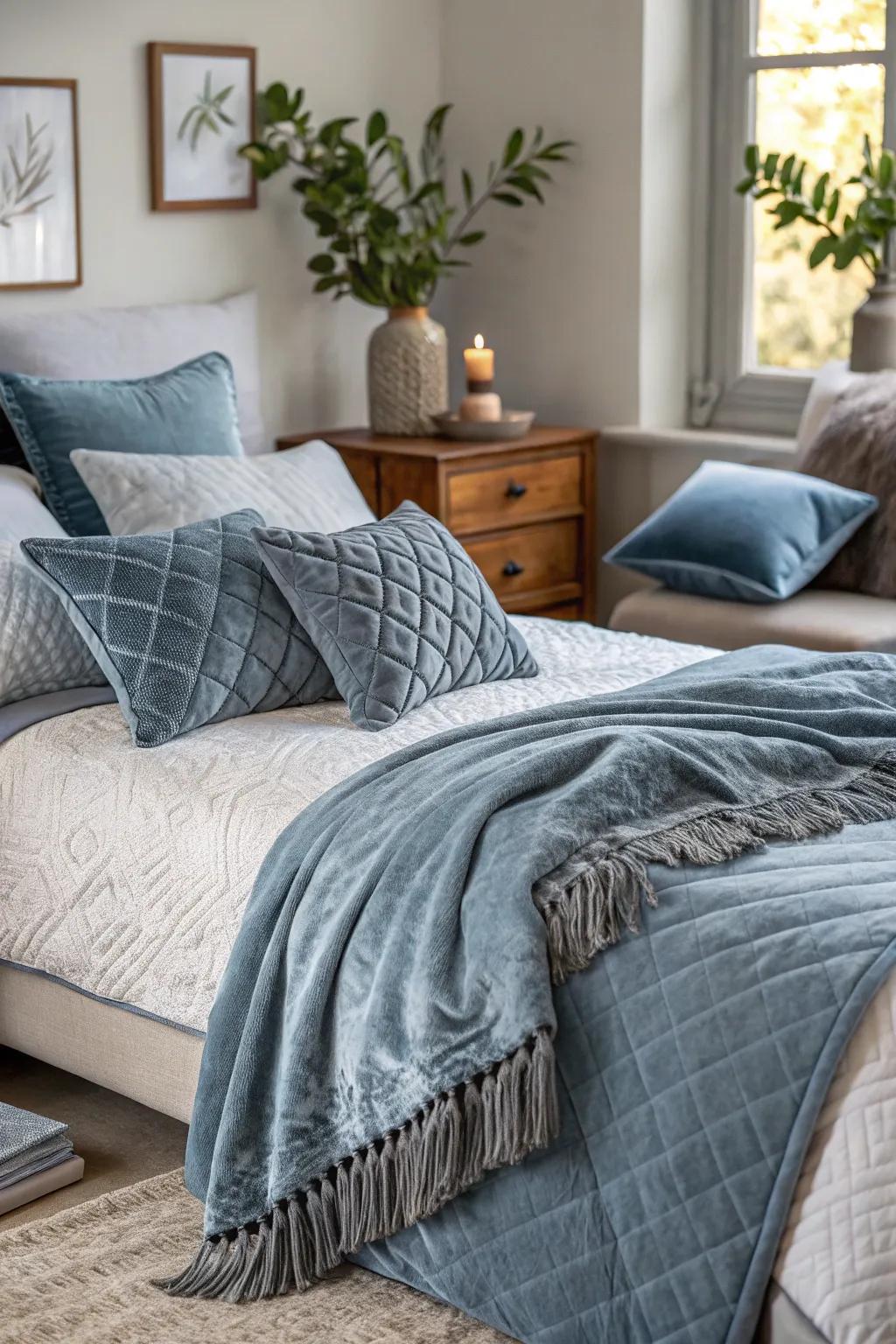 Integrate textures such as velvet and cotton for a warm, welcoming bedroom atmosphere.