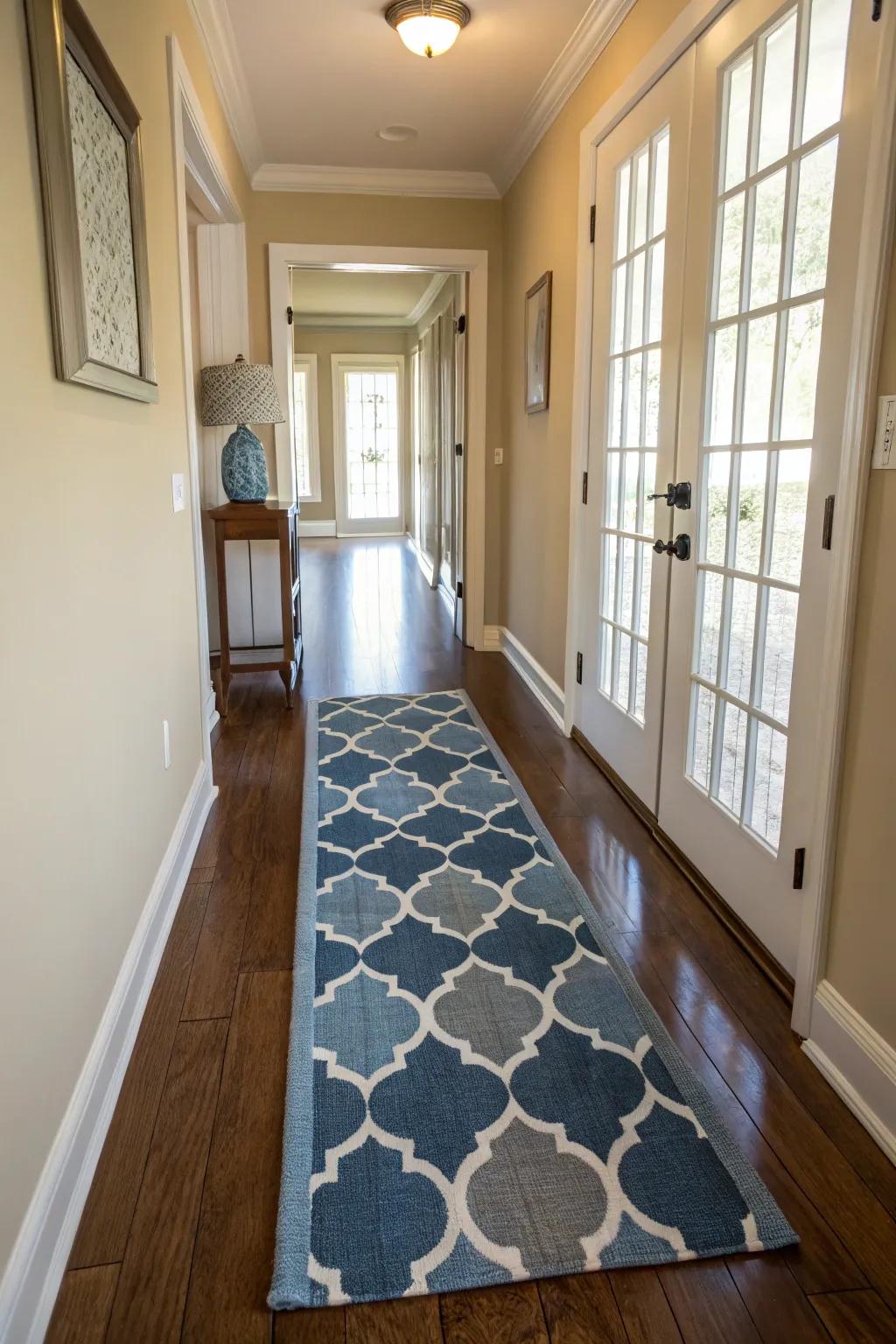 A runner rug adds warmth and a hint of color to the hallway.