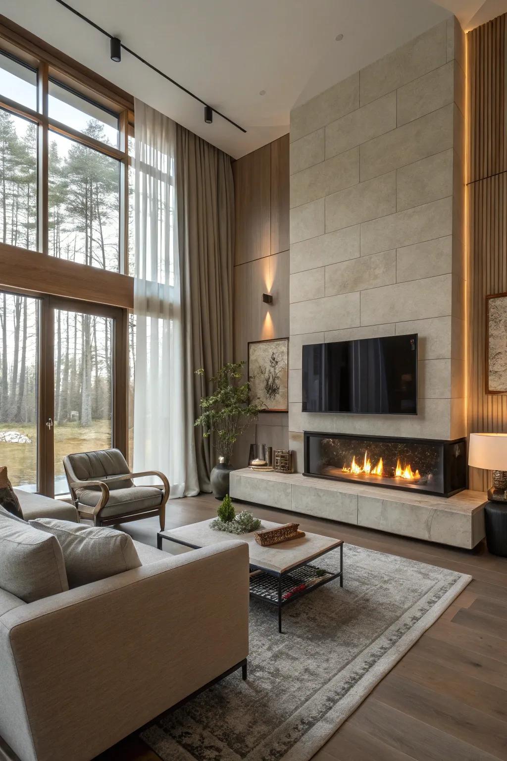 A modern fireplace acting as a stylish focal point in the living area.