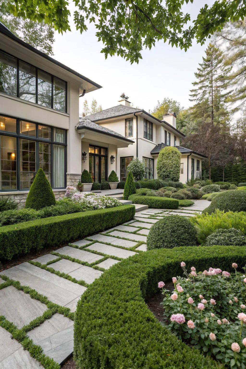 A rich garden that beautifully enhances the modern architecture.