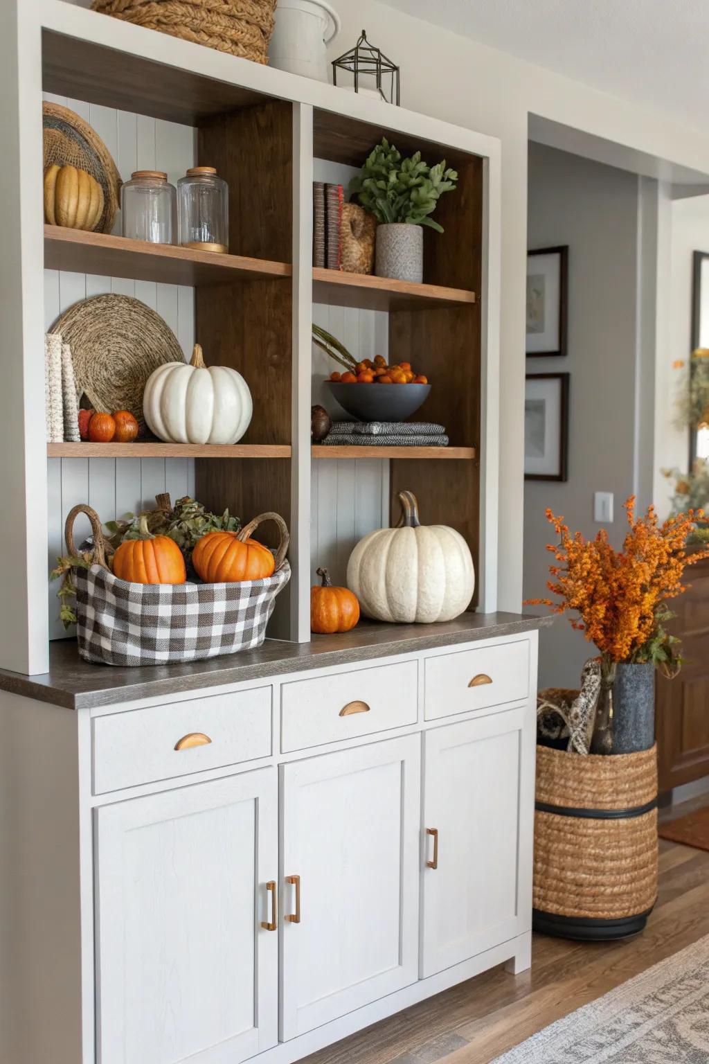 Seasonal decor keeps the cabinet fresh and in tune with the time of year.