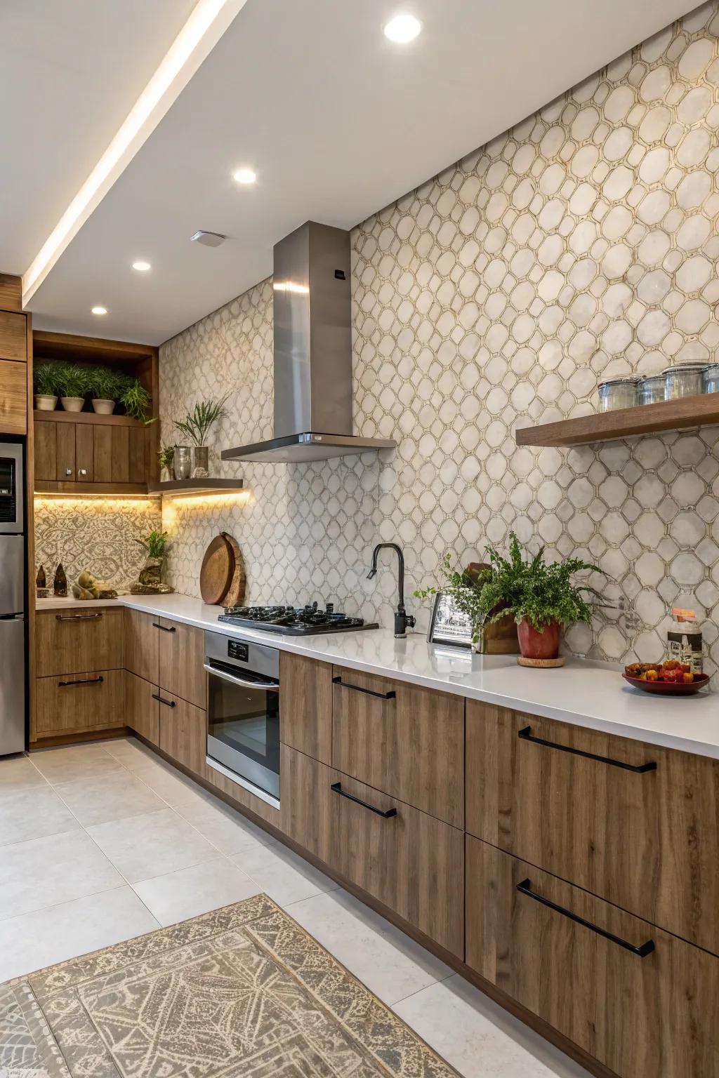 Textured tiles add depth and invite touch.