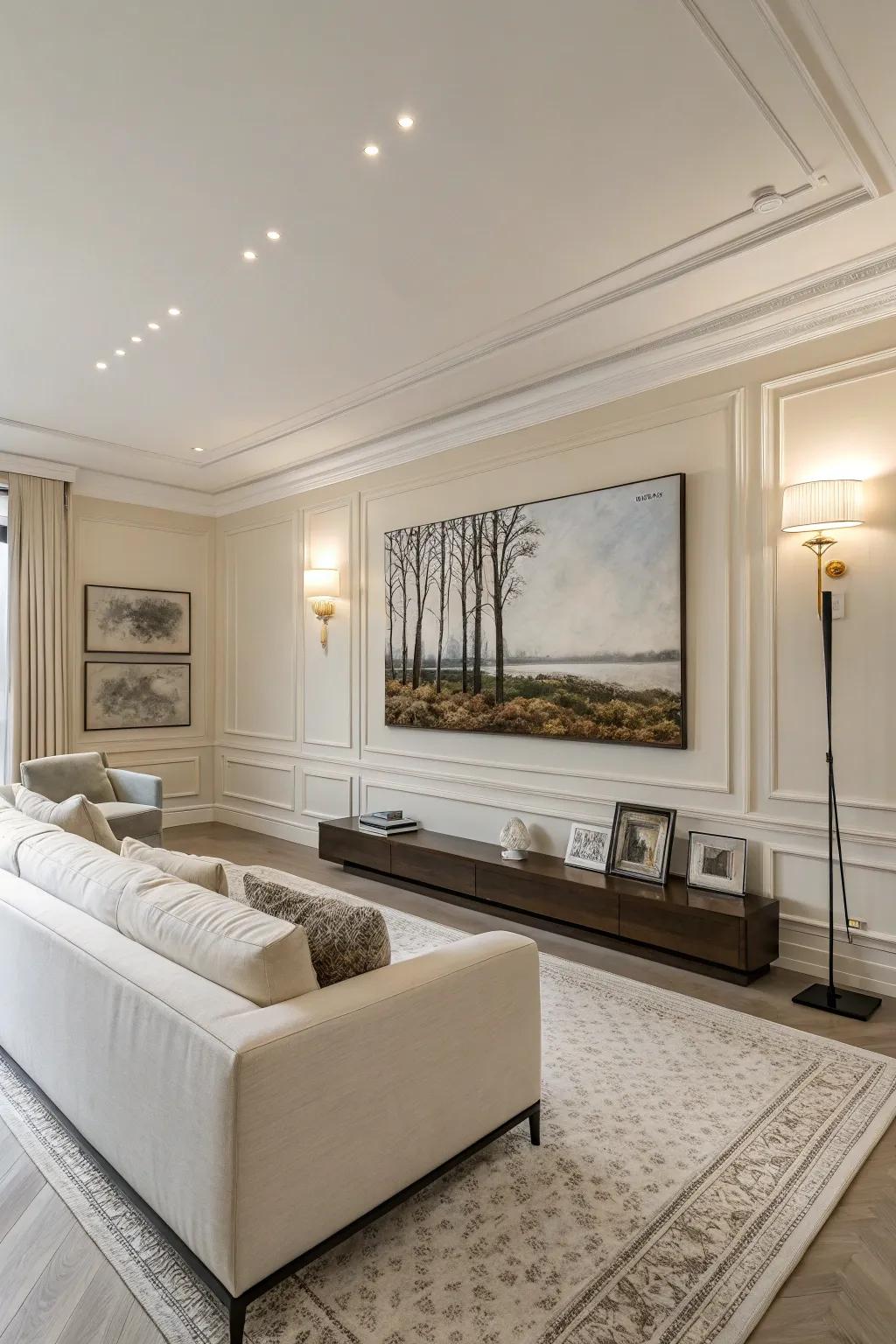 A simple strategy using a singular piece of art fashions a serene living space ambiance.