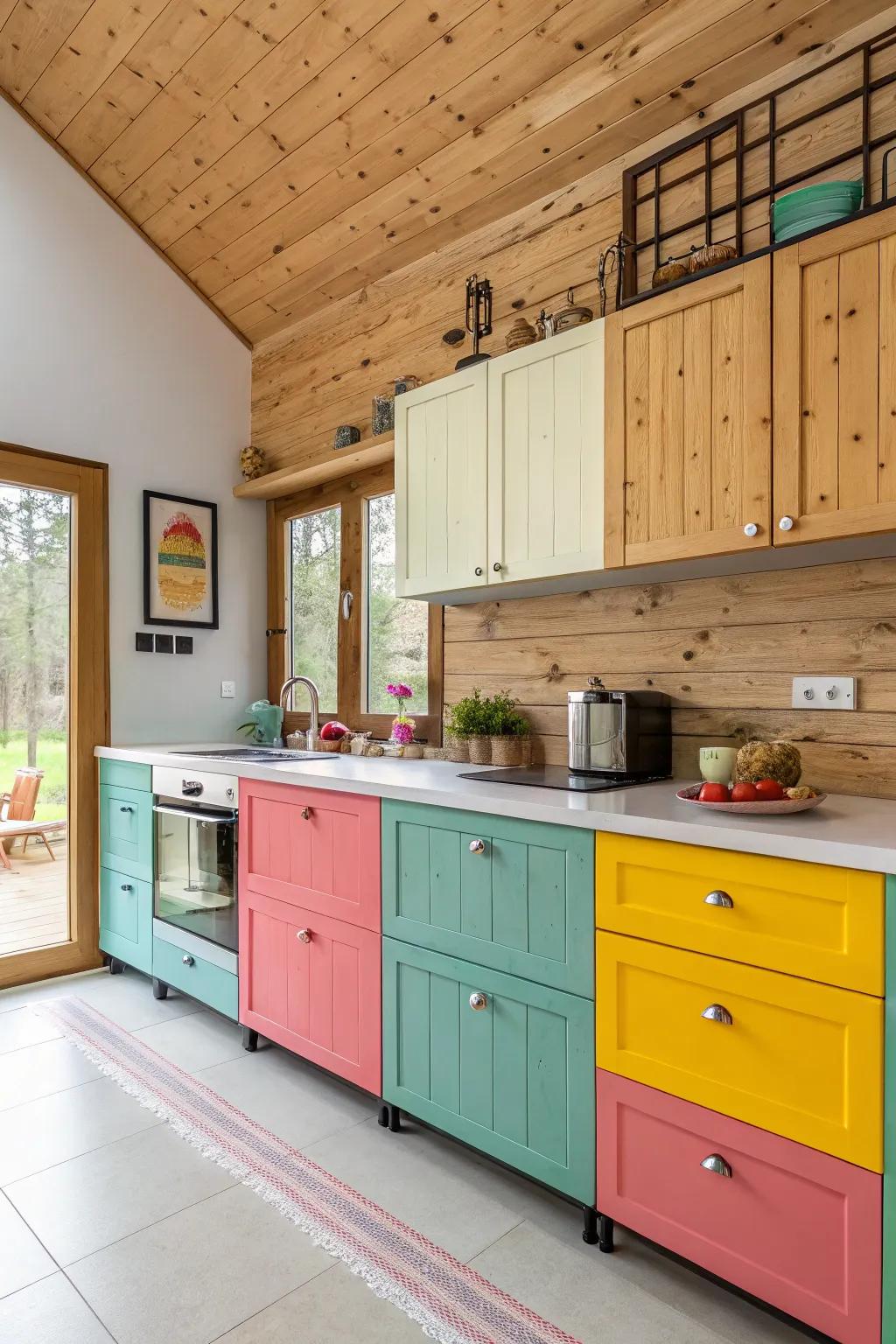 Colorful embellishments amplify individuality in rustic kitchens.