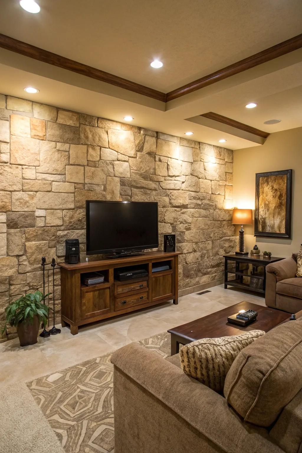 A patterned stone setting injects depth and visual appeal to a media wall.
