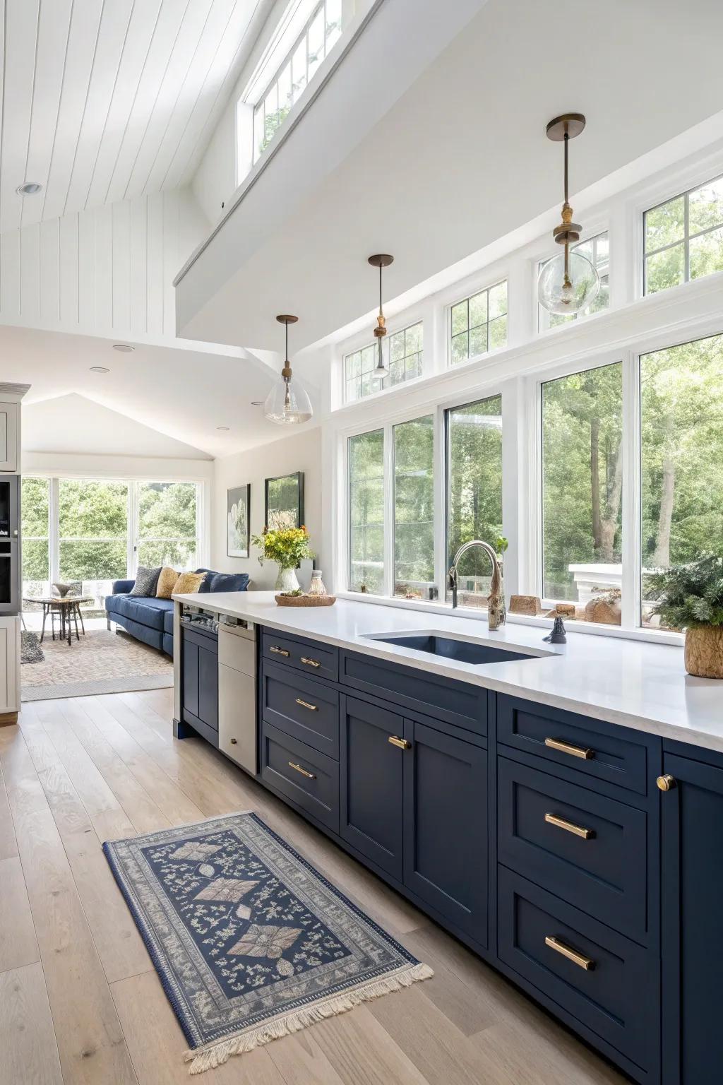 An open design enables deep sea kitchen cabinets to be the star without feeling cramped.
