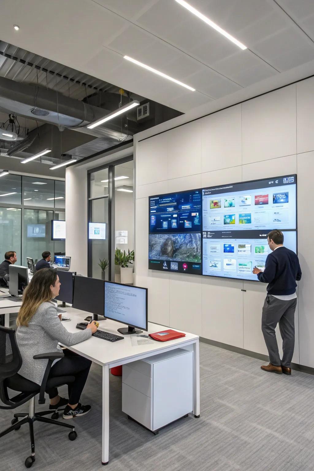 A modern office fitted with a digital board and interactive displays.