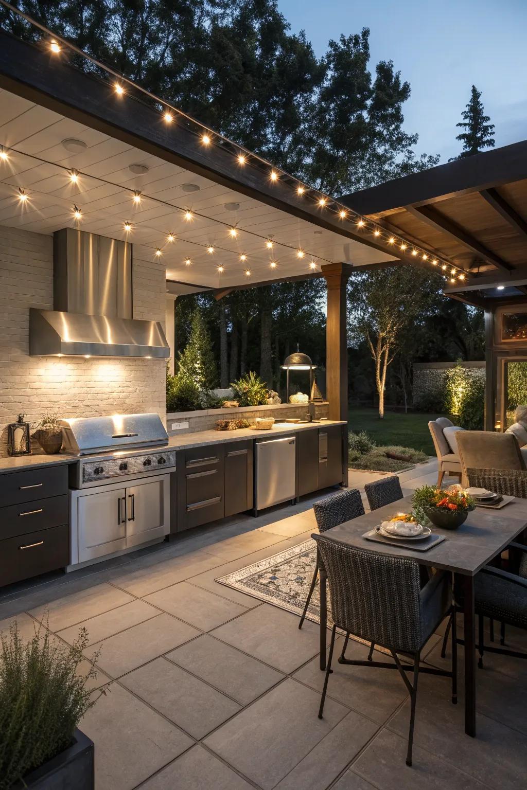 Surrounding illumination that elevates the atmosphere of an evening outdoor cooking area.