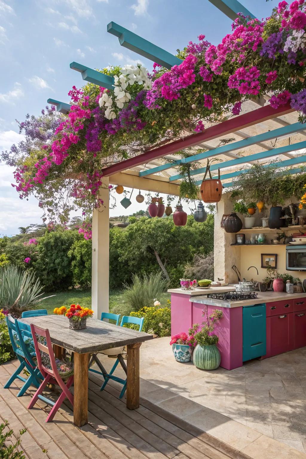 Pergola with vibrant coloring, making a bold statement above an outdoor kitchen.