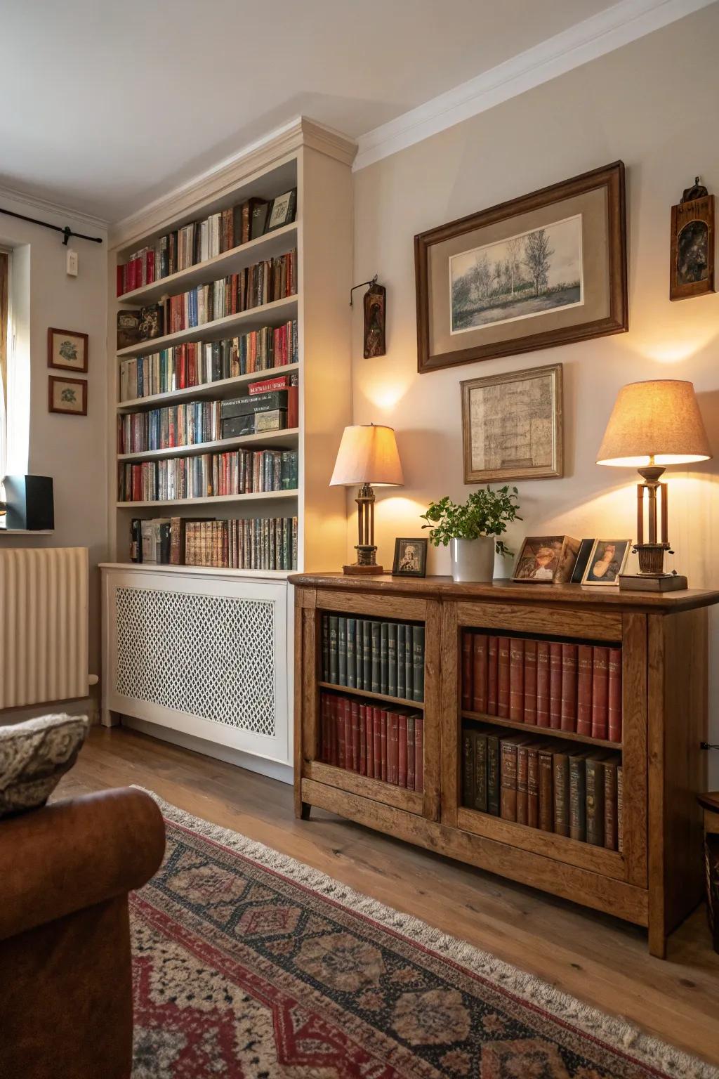 A radiator shield that has built-in shelves.