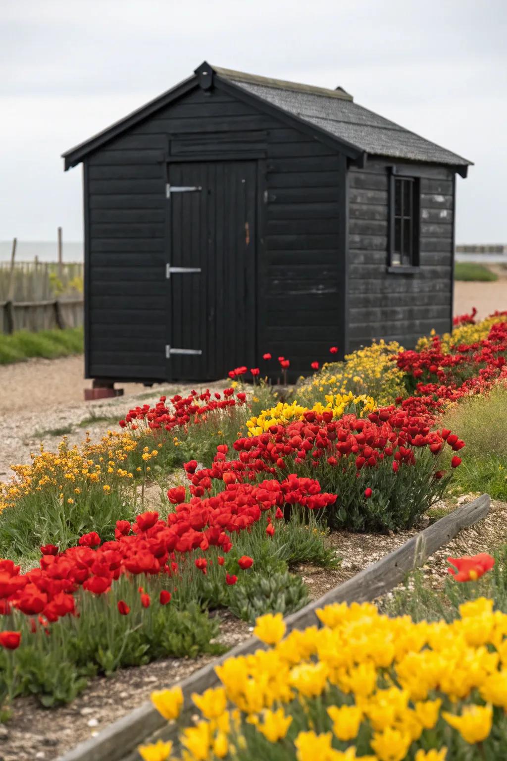 A bold black shed making a dramatic garden statement.