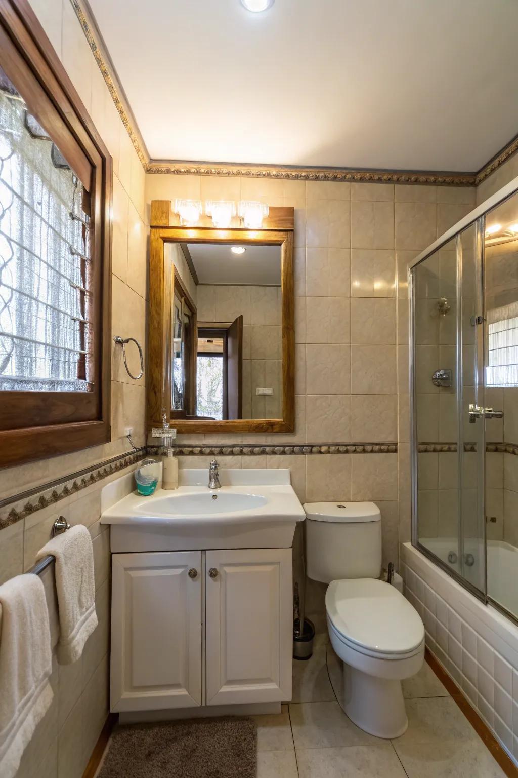 Mirrored surfaces enhance and amplify the sensation of space within this cozy bathroom.
