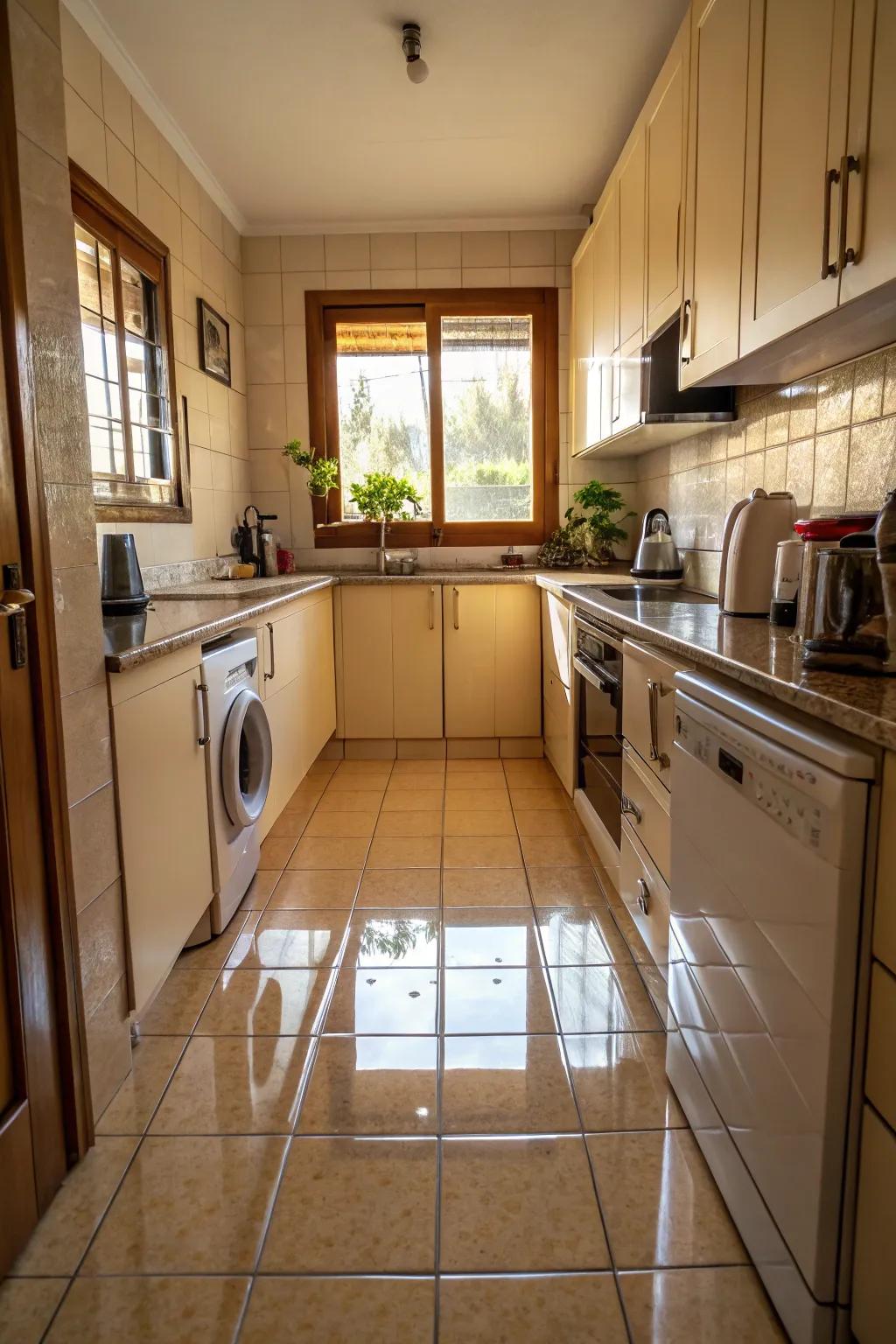 Glossy tiles reflecting light in a small kitchen