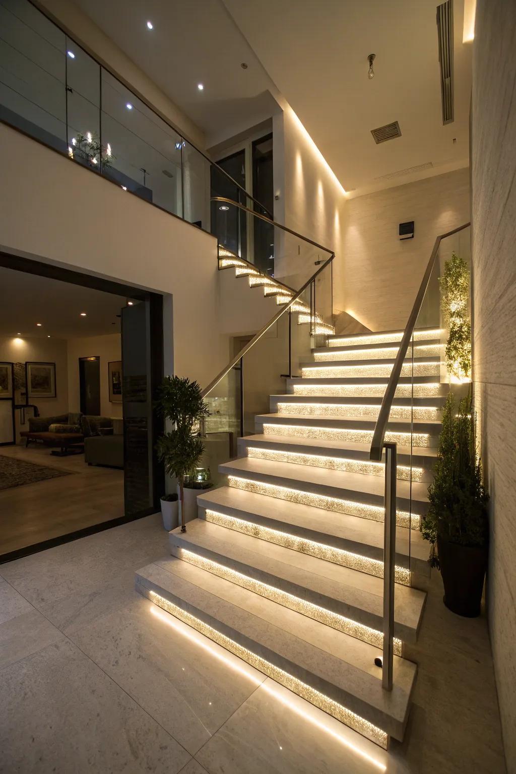 Ray emitting diodes beneath steps conjure a captivating ambiance and improves safety.