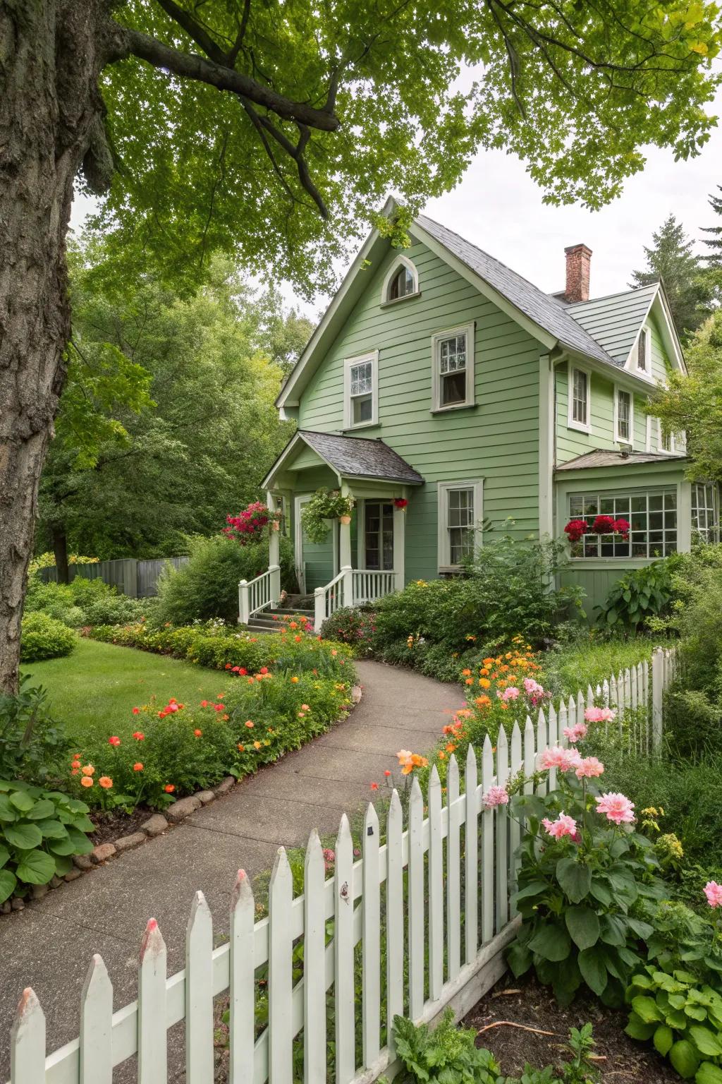 Soft green stucco house featuring a lush garden scene.