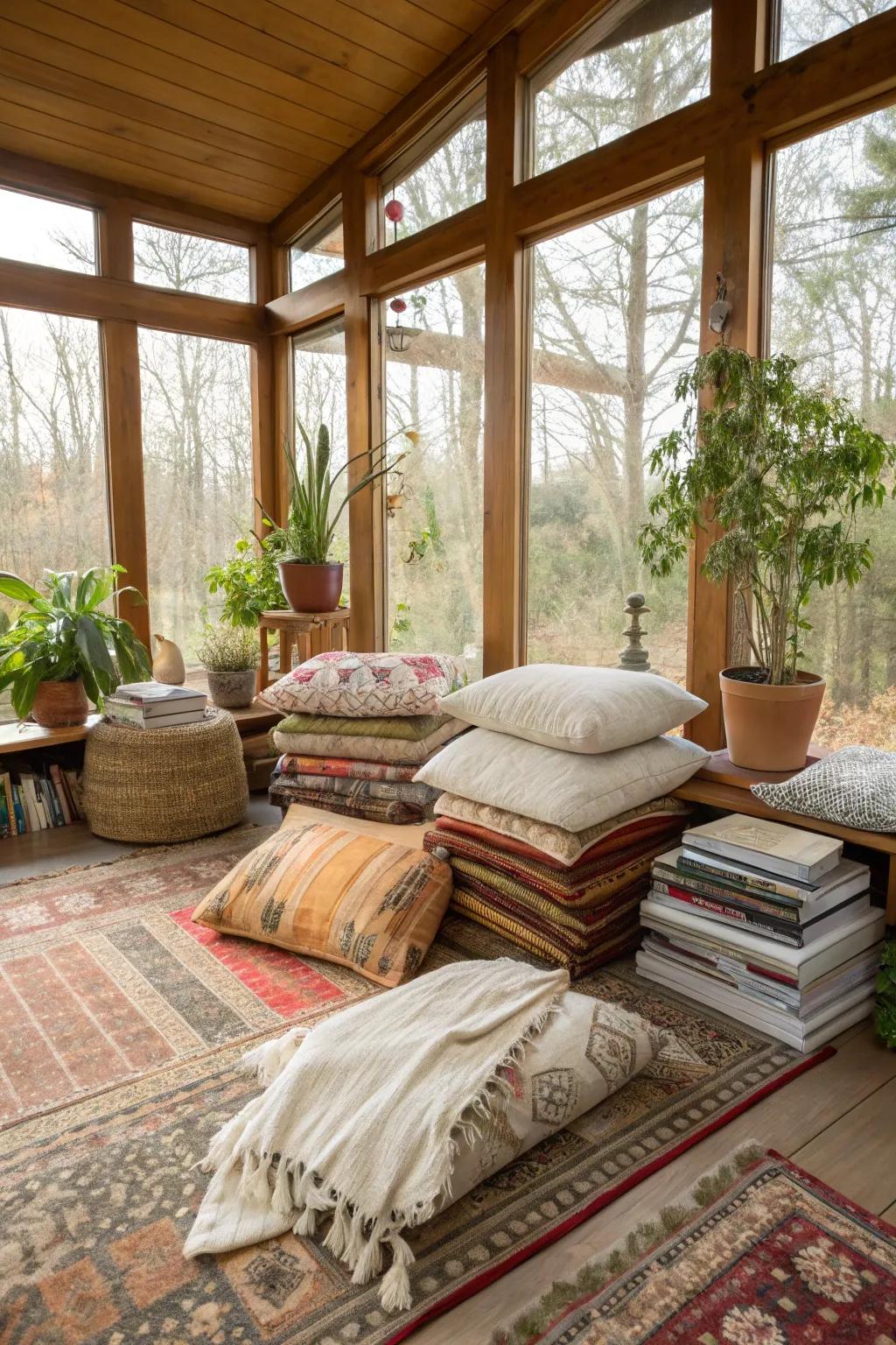 Layered floor coverings add texture and warmth to this modern sunroom.