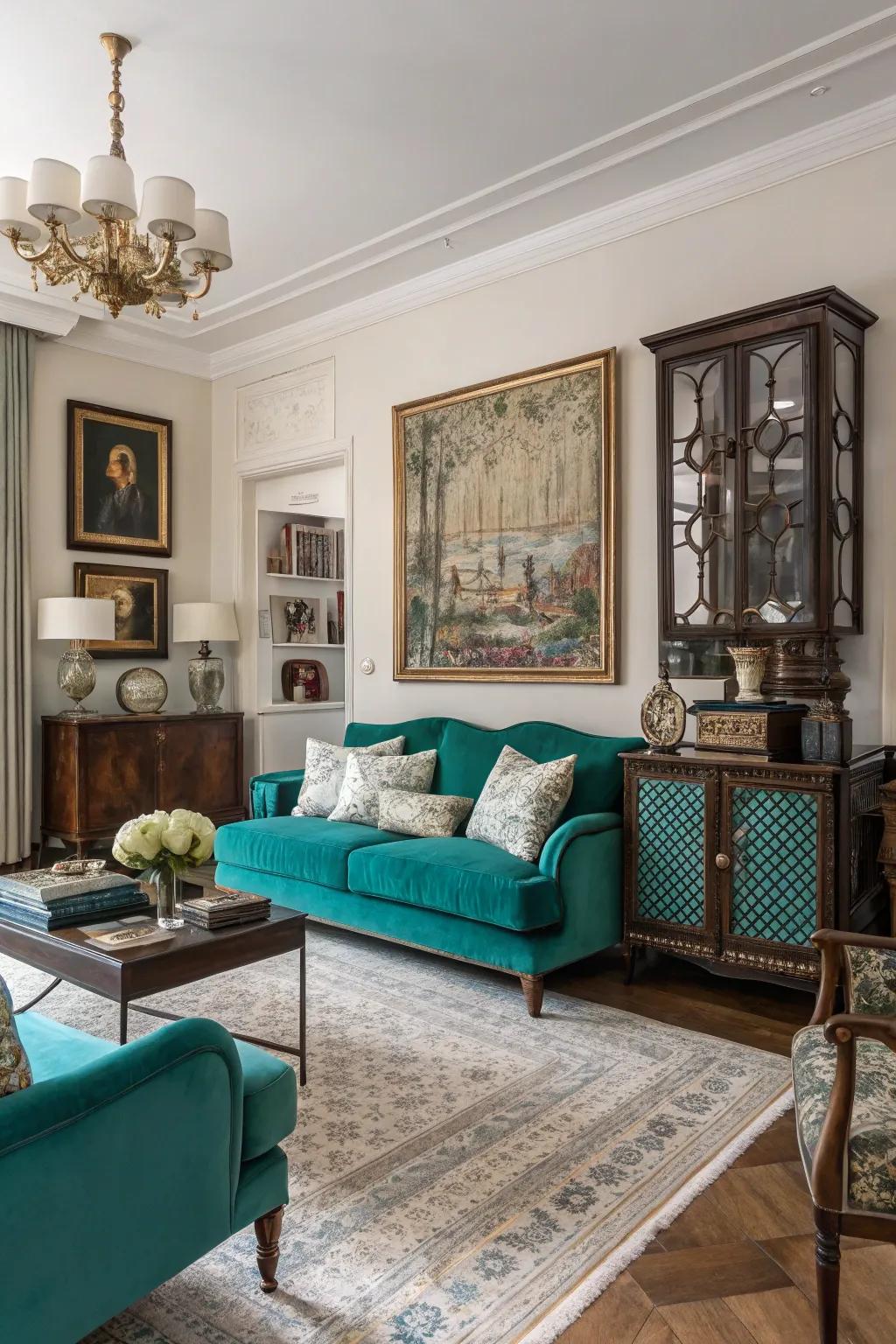 An eclectic mix of styles creates a uniquely curated living space.