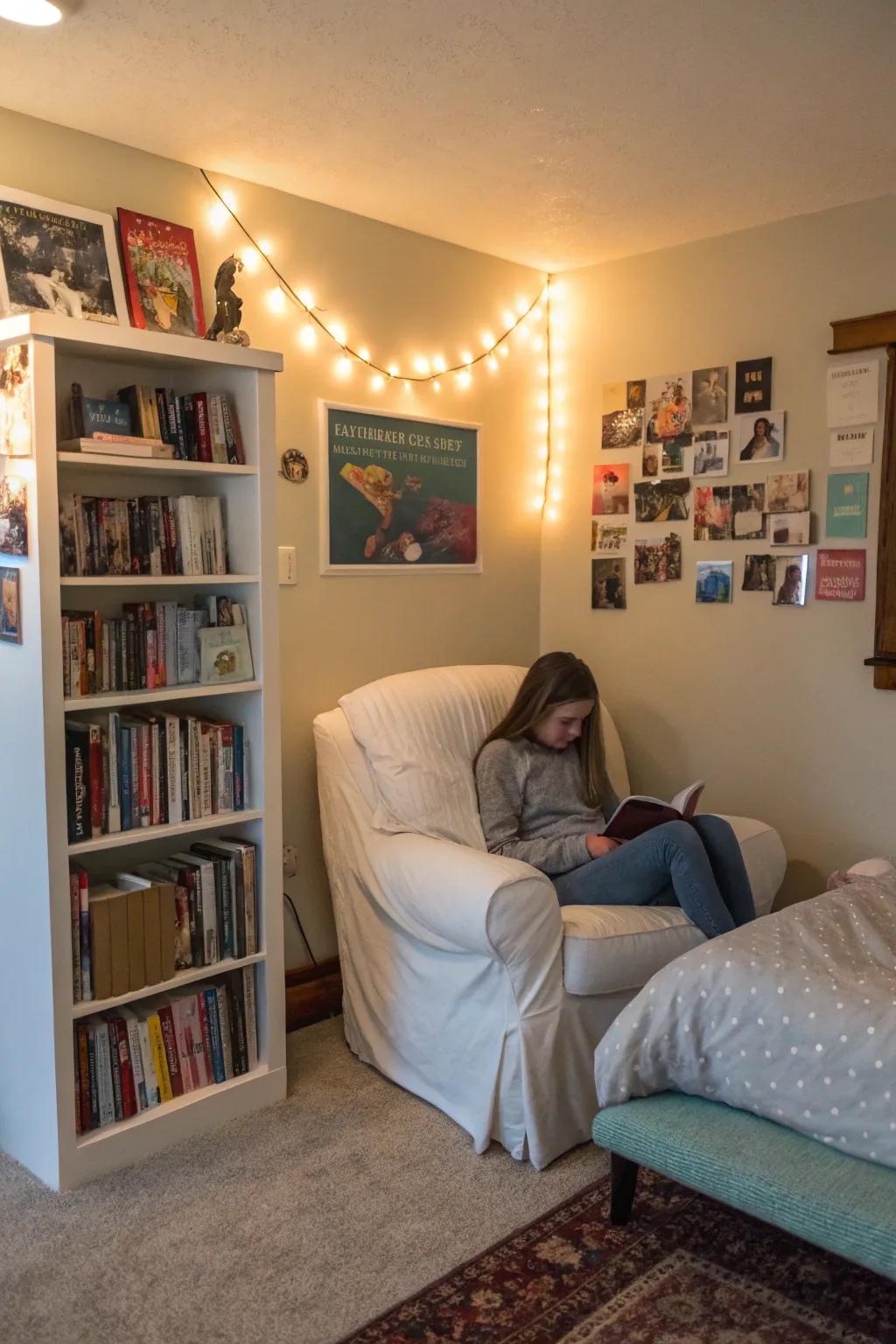 A reading spot presents a peaceful retreat within the bedroom.