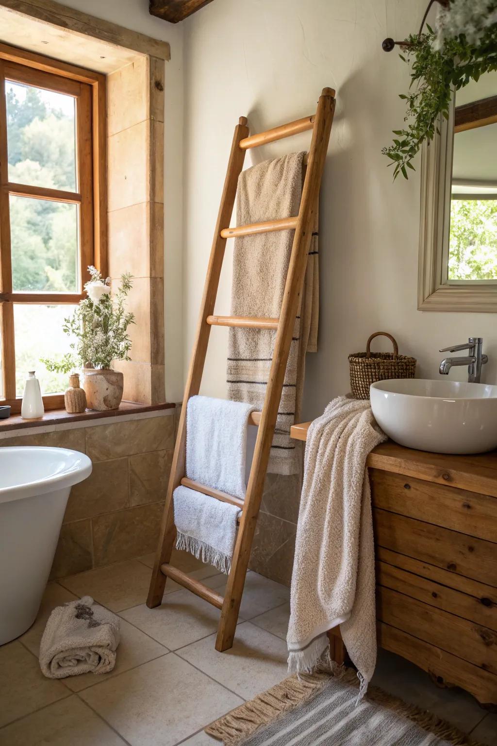 Handcrafted charm with an artisanal ladder rack.