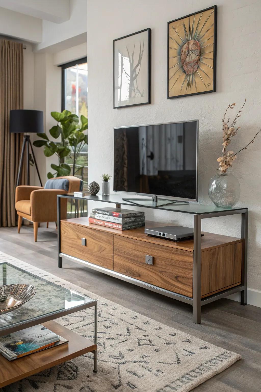A mixed-material TV stand as a stylish centerpiece.