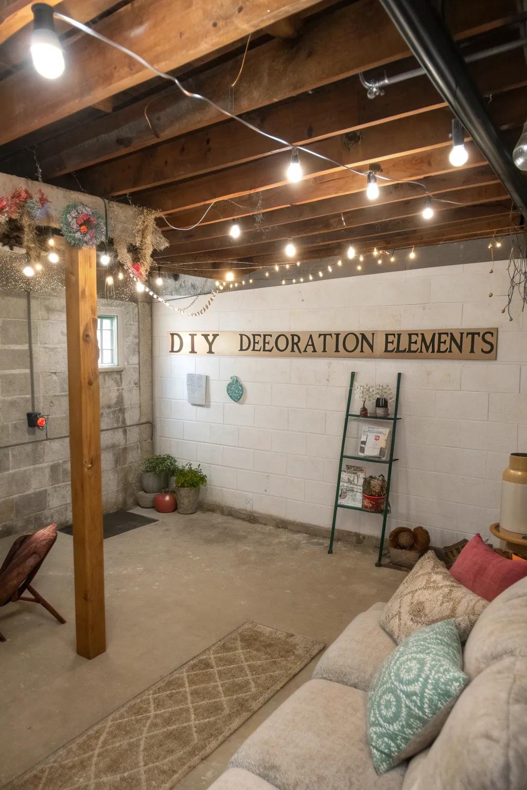 DIY projects contribute unique flair to an unfinished basement.