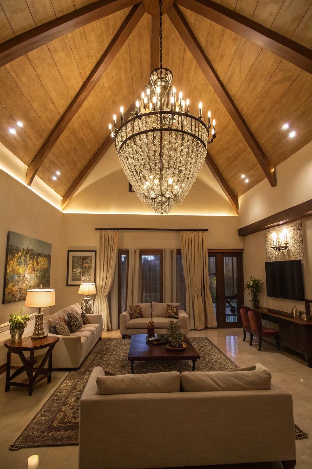 A spectacular chandelier elevates the grandeur of this high ceiling space.