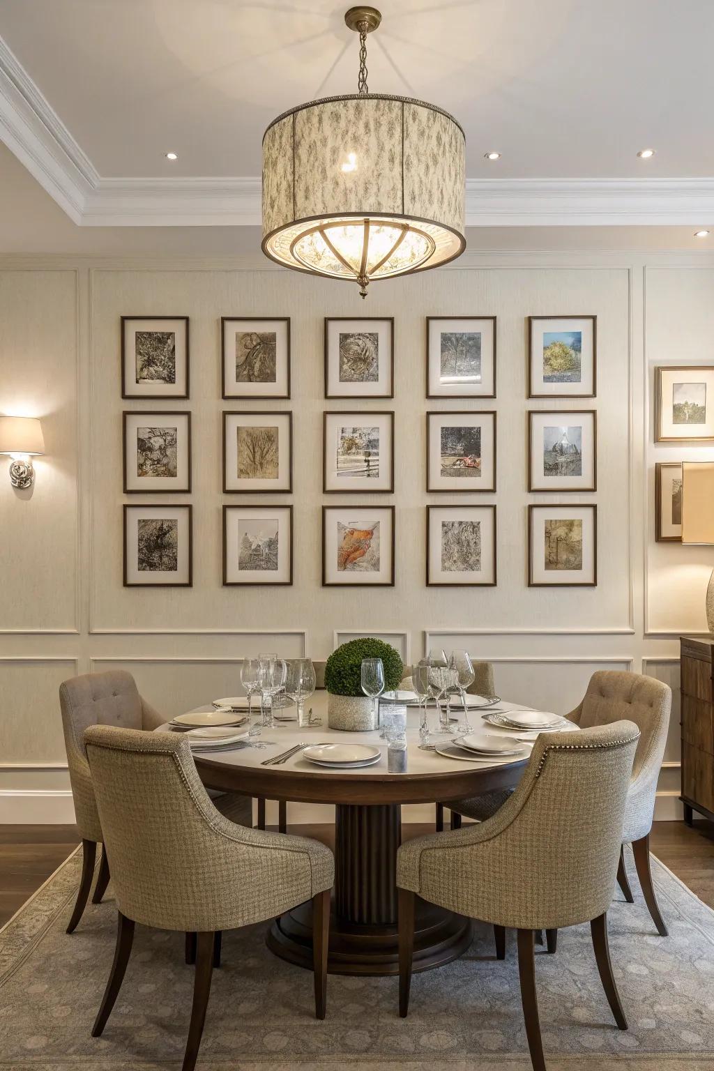 Symmetrical art arrangement bringing harmony to a dining area.