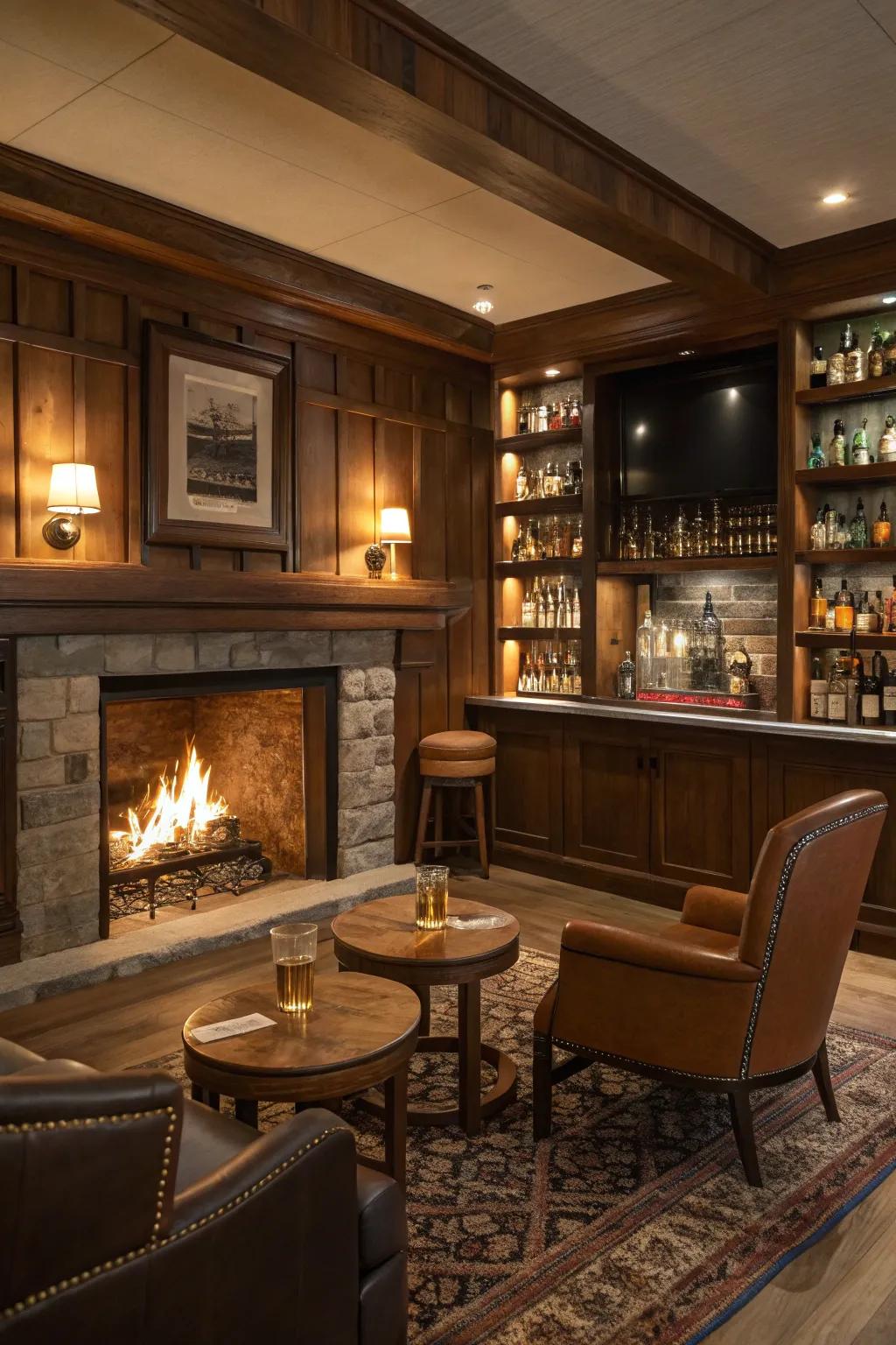 A fireplace adds warmth and charm, enhancing the room’s cozy atmosphere.