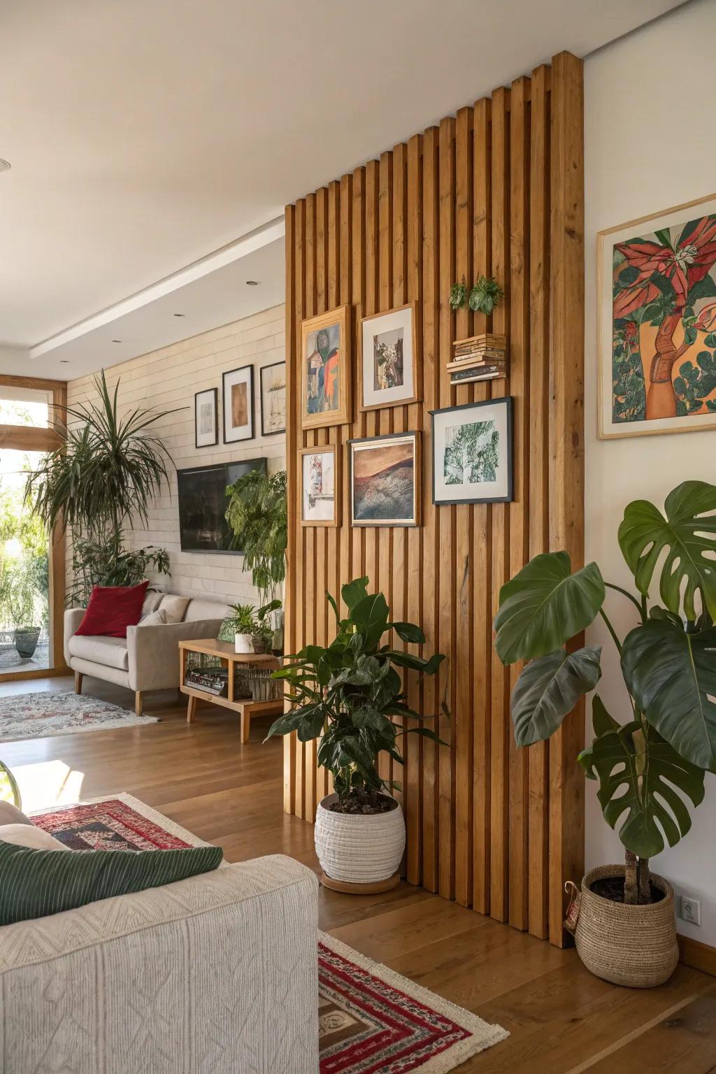 Breathe life into your space by pairing art and greenery with a wood slat wall.